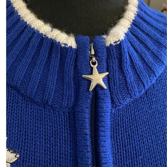 QUACKER FACTORY Blue Holiday 
 Pet Zip‎ Front Cardigan Sweater XL quirky cottage - Picture 5 of 7